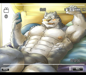 abs anthro barazoku bed bedroom biceps big_muscles biped black_bars blush bodily_fluids bulge camera_view chest_tuft clothed clothing fur furniture grey_body grey_fur looking_at_viewer lying male muscular muscular_anthro muscular_male nipples on_back open_mouth pecs recording solo sweat teeth topless tuft underwear white_body white_fur seikeikei2015 canid canine canis domestic_dog mammal hi_res letterbox