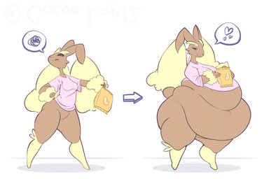 anthro before_and_after belly belly_overhang belly_rolls big_belly biped black_sclera bottom_heavy bottomless breasts brown_body buckteeth chips_(food) clothed clothing cotton_tail deep_navel disgust featureless_crotch featureless_feet feet female floppy_ears fluffy_ears food frown happy heart_symbol holding_chips_(food) holding_food holding_object huge_thighs lop_ears love_handles medium_breasts navel obese obese_anthro obese_female open_frown open_mouth overweight overweight_anthro overweight_female pear-shaped_figure personality_change pink_clothing pink_eyes pink_shirt pink_t-shirt pink_topwear sequential_arrow shirt shirt_only simple_background smile solo speech_bubble standing t-shirt t-shirt_only teeth thick_thighs three-quarter_view topwear topwear_only undersized_clothing undersized_topwear weight_gain white_background wide_hips cocoalop12 nintendo pokemon fan_character generation_4_pokemon lagomorph lopunny mammal pokemon_(species) 2026 absurd_res digital_drawing_(artwork) digital_media_(artwork) full-length_portrait hi_res portrait signature