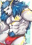 anthro asian_clothing bulge clothing east_asian_clothing fundoshi fur japanese_clothing male muscular muscular_anthro muscular_male solo tattoo underwear midnight_blue mythology canid canine canis mammal mythological_canine mythological_creature werecanid werecanine werecreature werewolf wolf hi_res