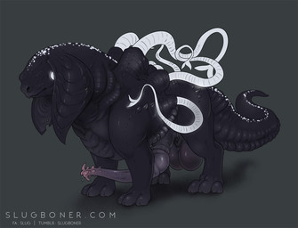 back_tentacles balls big_balls big_ears big_penis black_body digitigrade ears_down feral floppy_ears genitals glowing glowing_eyes glowing_markings glowing_tentacles long_penis male markings penis pivoted_ears purple_penis side_view solo standing tentacles unusual_anatomy unusual_genitalia unusual_penis white_eyes oddbird alien