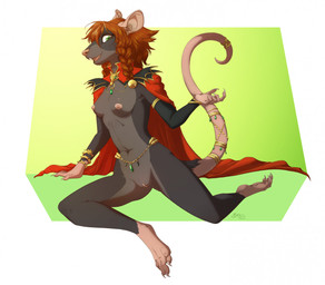 accessory anthro areola belt black_body black_fur bracelet braided_hair braided_pigtails breasts cloak cloak_only clothing feet female fur furgonomics genitals green_eyes grey_body grey_fur hair jewelry looking_at_viewer mostly_nude mostly_nude_anthro mostly_nude_female nipples open_mouth pigtails rat_tail red_hair ring simple_background sitting smile soles solo tail tail_accessory tail_jewelry tail_ring teeth toes vulva mingchee akna_(bahumot) mammal murid murine rat rodent digital_media_(artwork)