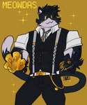 :3 anthro arm_tattoo belt_buckle black_body black_clothing black_fur buckle business_attire business_suit claws clothing dress_pants ear_piercing eye_scar facial_scar fur furgonomics fusion gold_(metal) gold_background jewelry male multicolored_body muscular muscular_anthro muscular_male necktie pants_chain piercing rolled_up_sleeves scar solo suit suspenders tattoo text toony toony_expression toony_eyes topwear two_tone_body vest wallet_chain white_body white_clothing white_fur g0dp4rticl3 epic_games fortnite meowscles midas_(fortnite) domestic_cat felid feline felis mammal english_text hi_res