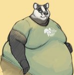 anthro belly big_belly black_body black_fur clothed clothing fur hand_on_belly male moobs obese obese_anthro obese_male overweight overweight_anthro overweight_male solo white_body white_fur yasano badger mammal mustelid musteline