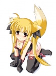 blonde_hair breasts clothed clothing female gloves hair handwear kneeling legwear long_hair looking_at_viewer panties red_eyes ribbons solo tail thigh_highs underwear unknown_artist mahou_shoujo_lyrical_nanoha fate_testarossa animal_humanoid canid canid_humanoid canine canine_humanoid fox fox_humanoid humanoid mammal mammal_humanoid