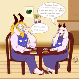 anthro asgoriel bearded blush cake_slice chair chimney clothed clothing container crown cup delta_rune_(emblem) dialogue duo female furniture grabbing_face green_eyes hair headgear horn living_room long_ears long_hair long_horn male male/female married_couple mature_female on_chair painting_on_wall red_eyes robe sipping sitting sitting_on_chair slightly_chubby speech_bubble symbol table text conditional_dnp thelightsmen undertale undertale_(series) asgore_dreemurr toriel boss_monster_(undertale) bovid bovine mammal 1:1 english_text hi_res