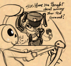 accessory ambiguous_anthro ambiguous_gender antennae_(anatomy) anthro badge belt black_sclera black_text bone bottomwear car clothing dialogue duo fur hair hand_on_hip hand_on_own_hip inside_car inside_vehicle leaning leaning_forward long_hair looking_down necktie nervous police police_hat police_officer pupils shirt short_sleeves skirt skull skull_head tail talking_to_another text topwear vehicle wide_eyed soulcentinel violet_echo waketab_(waketab) arthropod insect lagomorph leporid mammal morsectuum rabbit 2026 english_text handwritten_text monochrome sepia sketch female_(lore) male_(lore)