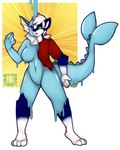 abstract_background anthro biped blue_body blue_fur bottomless breasts clothed clothing countershade_face countershade_fur countershade_neck countershading ear_frill featureless_breasts female female_anthro frill_(anatomy) front_view fur gender_transformation gloves_(marking) goo_drip goo_transformation green_eyes hair leg_markings logo looking_at_own_hand male male_anthro markings membrane_(anatomy) mid_transformation mtf_transformation navel neck_frill non-mammal_breasts non-mammal_navel open_mouth purple_eyes shirt simple_background socks_(marking) solo species_transformation standing t-shirt text topless topwear transformation webbed_hands white_background white_body white_countershading white_hair white_markings year nut-case nintendo pokemon taki_(takikuroi) eeveelution generation_1_pokemon mammal mephitid pokemon_(species) skunk vaporeon 2014 4:5 artist_logo artist_name colored shaded