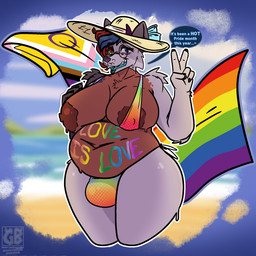 areola beach big_areola big_breasts bikini black_body black_fur black_lips black_nails blue_tongue bodily_fluids breasts brown_body brown_fur bulge clothing colored_nails dialogue eyewear fur glasses gynomorph hair hat headgear headwear intersex intersex-inclusive_progress_pride_colors lgbt_pride lips multicolored_body multicolored_fur multicolored_hair nails nipple_slip overweight overweight_intersex pride_color_bodypaint pride_color_clothing pride_color_flag pride_colors progress_pride_colors progressive_pride_flag purple_body purple_fur round_glasses sea solo speech_bubble sun_hat sweat swimwear text tongue transgender_pride_colors two-piece_swimsuit unusual_eyes water terryeternity patty_(terryeternity) bovid canid canine caprine hybrid mammal 1:1 english_text hi_res