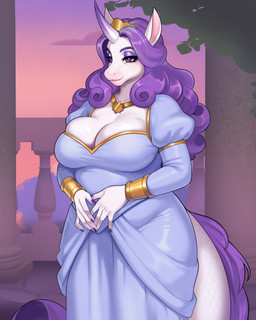 accessory anthro balcony belly big_breasts bracelet breasts cleavage cleavage_overflow clothed clothing colored_nails curvy_figure dress eyelashes eyeliner fantasy female flirting fluffy fluffy_tail glistening glistening_breasts gold_(metal) gradient gradient_horn hair hair_accessory hands_together horn jewelry long_ears long_hair long_muzzle looking_at_viewer makeup mature_female nails necklace outside pale_skin pink_inner_ear potbelly puffy_sleeves purple_eyes purple_hair purple_makeup purple_nails scales slightly_chubby smile smug solo standing sunset tail thick_tail three-quarter_view unicorn_horn wavy_hair white_body wide_hips krl aunt_(furlough_games) dungeons_and_furries furlough_games middle_eastern_mythology mythology deer dragon equid equine felid feline kirin mammal mythological_creature mythological_scalie scalie 4:5 digital_drawing_(artwork) digital_media_(artwork) digital_painting_(artwork) hi_res painting_(artwork)