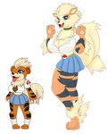 anthro arcanine big_breasts blue_eyes bottomwear breasts clothed clothing collar duo female fur generation_1_pokemon growlithe hair hi_res huge_breasts legwear necktie nintendo orange_body pokeball pokemon pokemon_(species) simple_background skirt tail tongue uniform urusee584 white_background white_body white_fur white_hair