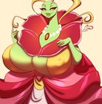 anthro anthrofied big_breasts breasts cleavage clothed clothing female green_body huge_breasts nipple_outline pokemorph solo ooo-belise-ooo nintendo pokemon generation_2_pokemon meganium pokemon_(species) hi_res