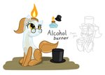 alcohol_burner amber_eyes clothing eyewear female fire glasses hat headgear headwear ponification sitting solo text top_hat what_has_magic_done what_has_science_done camo-pony hasbro my_little_pony animate_inanimate equid equine horse mammal pony 2020 english_text hi_res