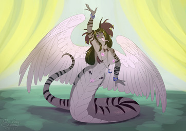 anthro apode bodily_fluids breasts dancing fangs feathered_wings feathers female genital_fluids genitals legless nipples open_mouth outline piercing pose serpentine solo split_form spread_wings teeth vaginal_fluids vulva wet wings sunny_way draconcopode naga reptile scalie snake digital_media_(artwork) digital_painting_(artwork) full-length_portrait painting_(artwork) pinup portrait