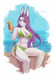 anthro beverage bikini breasts cleavage clothed clothing drink_umbrella female fur glass hair heterochromia long_hair looking_at_viewer outside purple_hair sea sitting sky solo swimwear two-piece_swimsuit water white_body white_fur redlemon lagomorph leporid mammal rabbit hi_res