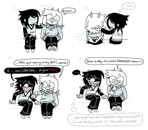 ambiguous_gender ambiguous_human anthro blush clothing dialogue duo embarrassed eyewear glasses horn male male_anthro pawpads speech_bubble sweater tail tail_motion tailwag text topwear honkadoi deltarune undertale_(series) kris_dreemurr ralsei bovid caprine goat human mammal 2025 comic digital_media_(artwork) english_text hi_res nonbinary_(lore)