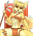 anthro armband blonde_hair bottomwear bracelet breasts clothed clothing fangs female fur hair holding_melee_weapon holding_object holding_polearm holding_spear holding_weapon jewelry legband loincloth looking_at_viewer melee_weapon polearm simple_background solo spear teeth under_boob warrior weapon yellow_body yellow_fur mashakseh canid canine fox mammal 2021 hi_res signature