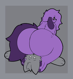 ambiguous/ambiguous ambiguous_gender anthro big_butt bottom_heavy butt butt_slam clothed clothing collar duo eyewear facesitting fur glasses grey_body grey_fur huge_butt nude pantsless pawpads paws purple_body purple_fur sitting sitting_on_another thick_thighs wide_hips grape_ad josh_(grape_ad) canid canine canis domestic_cat domestic_dog felid feline felis mammal animated hi_res