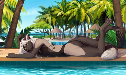 4_toes 5_fingers anthro arms_bent beach bent_legs black_nose breasts calves_up cheek_tuft claws clothing day detailed_background dipstick_tail ears_down facial_tuft feet female fingers fluffy fluffy_tail fur green_eyes grey_body grey_fur grey_pawpads hair inner_ear_fluff looking_at_viewer lying markings multicolored_tail on_front open_mouth open_smile outside palm_tree pawpads paws pivoted_ears plant poolside raised_calf sand sea seaside sky smile solo swimming_pool swimwear tail tail_markings toe_claws toes tree tuft water white_body white_fur white_hair dannoitanart canid canine fox mammal digital_media_(artwork) hi_res signature