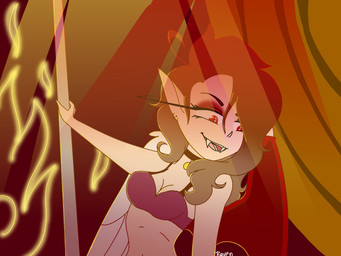 bra breasts brown_hair choker clothed clothing curtains dancing eyeshadow fangs feathered_wings feathers female fire hair humanoid_pointy_ears jewelry makeup membrane_(anatomy) membranous_wings multicolored_hair necklace not_furry pointy_ears pole pole_dancing red_eyes seductive solo stripper_pole teeth two_tone_hair underwear wings raven_the_artist raven_(raven) demon humanoid 4:3 hi_res
