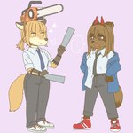 anthro chainsaw clothing cosplay duo ellipsis fake_horns female footwear kemono power_tool shoes tools ekaki510 chainsaw_man denji_(chainsaw_man) power_(chainsaw_man) canid canine fox mammal raccoon_dog tanuki 1:1