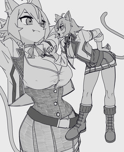 ahoge belt bent_over big_breasts boots bottomwear breasts cleavage clothed clothing corset fangs female footwear gesture hair hand_gesture hand_on_hip hands_behind_head inner_ear_fluff lingerie looking_aside neck_bow open_clothing open_mouth open_shirt open_smile open_topwear pleated_skirt pointing pointing_at_self shirt shoes short_hair simple_background skirt smile socks solo tail teeth topwear tuft wide_hips bone_nigi mushoku_tensei linia_dedoldia animal_humanoid cat_humanoid felid felid_humanoid feline feline_humanoid humanoid mammal mammal_humanoid 2024 absurd_res digital_drawing_(artwork) digital_media_(artwork) greyscale hatching_(art) hi_res monochrome shaded