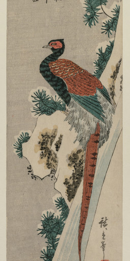 beak biped bipedal_feral cliff detailed_background evergreen_tree feathered_wings feathers feral leaf long_tail male male_feral outside pine_tree plant rock side_view solo standing tail tail_feathers text tree water waterfall wings utagawa_hiroshige public_domain avian bird galliform long-tailed_pheasant phasianid pheasant 19th_century absurd_res ancient_art hi_res huge_filesize japanese_text traditional_media_(artwork) translation_request