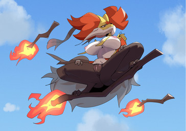 3_fingers 3_toes anthro anus areola big_breasts black_body black_fur breasts broom broom_riding butt cheek_tuft claws cleaning_tool cloud day eyelashes facial_tuft feet female fingers fire flying fur genitals inner_ear_fluff looking_at_viewer looking_down looking_down_at_viewer low-angle_view multicolored_body multicolored_fur nipples pink_areola presenting presenting_hindquarters presenting_vulva red_body red_fur sky smile solo spread_legs spreading stick teeth thick_thighs toes tuft vulva white_body white_fur yellow_body yellow_fur gooneet nintendo pokemon pokemon_legends_z-a generation_9_pokemon mega_delphox mega_evolution pokemon_(species) absurd_res hi_res