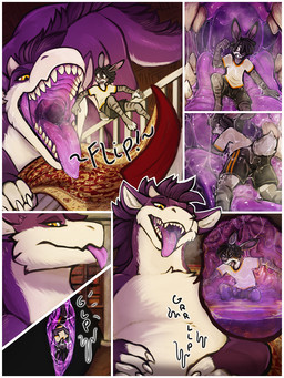 ambiguous_gender anthro anthro_on_feral bestiality black_hair bodily_fluids border brown_eyes clothed clothing cutaway digestion disgust dreadlocks duo feral fur glistening glistening_eyes grey_body grey_fur hair inside inside_stomach internal male mane open_mouth oral_vore purple_body purple_fur purple_mane purple_tongue saliva saliva_string scared shirt stomach_acid t-shirt tongue tongue_out topwear unwilling_prey vore white_body white_border white_fur yellow_eyes acidic mythology dragon lagomorph leporid mammal mythological_creature mythological_scalie rabbit scalie comic hi_res
