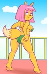 anthro barefoot bikini blush breasts butt butt_grab clothing cloud feet female hand_on_butt looking_back solo swimwear tail two-piece_swimsuit blackmore parappa_the_rapper sony_corporation sony_interactive_entertainment paula_fox canid canine fox mammal absurd_res hi_res