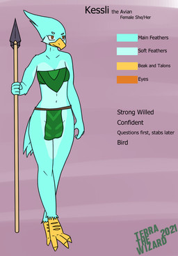 3_toes 5_fingers anthro avian_feet bandeau beak bottomwear breasts claws clothed clothing color_swatch countershade_legs countershade_torso countershading crotch_apron eyebrows feather_hair feathers feet female fingers green_bandeau green_bottomwear green_clothing green_loincloth green_topwear holding_melee_weapon holding_object holding_polearm holding_spear holding_weapon loincloth melee_weapon midriff navel orange_eyes polearm pseudo_hair scuted_feet scutes skimpy small_breasts solo spear standing teal_body teal_feathers text thick_thighs toe_claws toes topwear weapon yellow_beak yellow_feet terrathewizard chucklefish starbound kessli_(terrathewizard) avian avian_(starbound) english_text model_sheet
