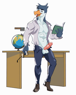 anthro beak desk erection furniture genitals globe holding_object humanoid_genitalia humanoid_penis looking_at_viewer male penis pink_penis solo table teacher unbuttoned unzipped zipper modern_bird avian bird penguin 2020 4:5 absurd_res hi_res