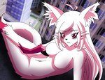 anthro big_breasts breasts building claws eye_bags featureless_breasts featureless_crotch female fur gloves_(marking) hair high_place inner_ear_fluff leg_markings long_hair looking_at_viewer markings messy_hair nude pink_body pink_eyes pink_fur rooftop seductive sitting socks_(marking) solo tuft white_body white_claws white_fur white_hair nikku_lunatique charlie_(nikku_lunatique) canid canine canis fox mammal hi_res