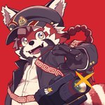 anthro biped black_body black_nose camera clothing cute_fangs fangs hat headgear headwear humanoid_hands kemono male red_background red_body shirt simple_background solo teeth topwear white_body young a_vwxyz lifewonders tokyo_afterschool_summoners zhurong_(tas) ailurid mammal red_panda 1:1 2021