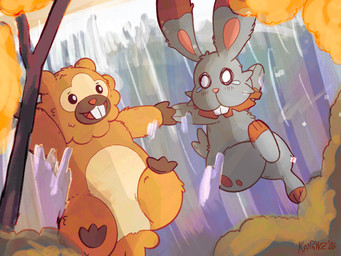 bodily_fluids brown_body brown_fur crying duo falling feral fur grey_body grey_fur hand_holding male tears waterfall kaypawz nintendo pokemon bidoof_(eotds) underground_explorer_bunnelby beaver bidoof bunnelby generation_4_pokemon generation_6_pokemon lagomorph leporid mammal pokemon_(species) rabbit rodent 4:3