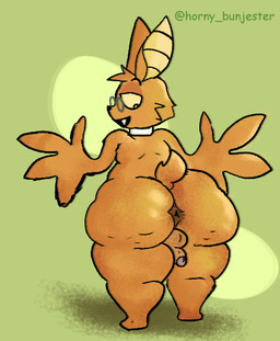 anthro anus balls bedroom_eyes big_butt black_eyes black_nose butt eyewear fangs fur genitals glasses green_eyewear green_glasses hair looking_at_own_butt looking_at_self looking_back male narrowed_eyes orange_body orange_ears orange_fur orange_hair orange_tail penis pose rear_view seductive sharp_teeth shirt_collar smile solo standing tail teeth text thick_thighs yellow_sclera horny_bunjester chikn_nuggit onyn_ring_(chikn_nuggit) bat eastern_red_bat mammal 2025 artist_name digital_media_(artwork)