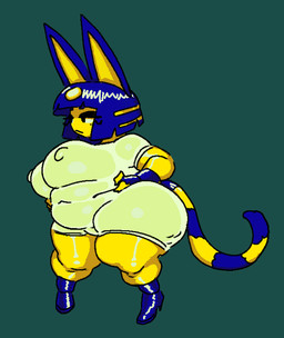 anthro bangs belly_outline big_breasts big_ears big_nipples blue_clothing blue_ears blue_eyebrows blue_footwear blue_hair blue_high_heels breasts clothing eyebrows female female_anthro fingers footwear front_view green_background hair hands_on_hips high_heels markings mouth_closed navel_outline nipple_outline nipples shirt shoes shortstack simple_background solo striped_markings striped_tail stripes t-shirt tail tail_markings thick_thighs topwear wet wet_clothing wet_shirt wet_t-shirt wet_topwear white_clothing white_sclera white_shirt white_t-shirt white_topwear yellow_inner_ear nsfwoaf animal_crossing nintendo ankha_(animal_crossing) domestic_cat felid feline felis mammal 2025 digital_drawing_(artwork) digital_media_(artwork) full-length_portrait portrait