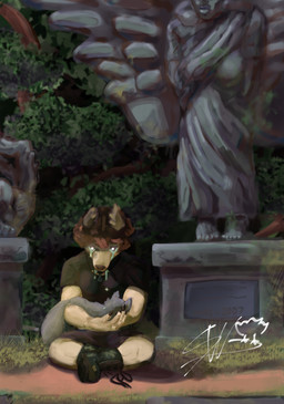 anthro bodily_fluids boots cemetery clothing death footwear fur glowing glowing_eyes grass jewelry male moss necklace outside plant sculpture shoes solo statue tears tree white_body white_fur deaf_cake viktor_(deafcake) canid canine fox mammal hi_res