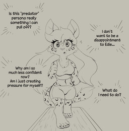 4_fingers 4_toes anthro athletic_wear blush blush_lines bodily_fluids bottomwear claws clothed clothed_anthro clothed_female clothing exposed_belly eyelashes feet female fingers fully_clothed fully_clothed_anthro fully_clothed_female gym_bottomwear gym_shorts inner_thoughts jogging navel paws pigtails shirt shorts solo sweat tank_top text thought thoughts toe_claws toes topwear twintails_(hairstyle) muhny chloe_(muhny) domestic_cat felid feline felis mammal english_text sketch