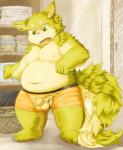 anthro balls biped black_nose clothing exposed eyebrows flaccid fluffy fluffy_tail foreskin genitals green_eyes kemono lime_fur long_foreskin male moobs navel nipples open_mouth overweight overweight_anthro overweight_male penis penis_poking_out solo standing tail torn_clothing underwear wardrobe_malfunction mti777 mammal unknown_species hi_res yellow_theme