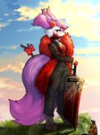 anthro big_tail black_body black_clothing black_fur blood bodily_fluids breasts claws clothing cloud day eyelashes eyewear flower fur glasses grass hair holding_melee_weapon holding_object holding_weapon jacket melee melee_weapon multicolored_body multicolored_clothing multicolored_ears multicolored_fur pink_body pink_ears pink_fur pink_tail plant purple_body purple_ears purple_eyes purple_fur purple_hair purple_tail red_clothing solo standing sword tail topwear two_tone_body two_tone_clothing two_tone_ears two_tone_fur two_tone_tail weapon white_body white_clothing white_fur anais_shmirnova nintendo pokemon quill_(loverquill) braixen generation_6_pokemon pokemon_(species) 3:4 digital_media_(artwork) watermark