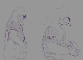 anthro band_shirt cigarette covered_eyes facial_piercing floppy_ears male nose_piercing nose_ring piercing ring_piercing smoke smoke_from_mouth smoking smoking_cigarette solo standing tactical_gear tail splitbone canid canine mammal hi_res sketch