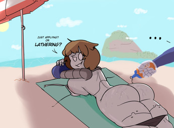 ambiguous_gender areola beach beach_umbrella big_breasts big_butt blue_sky breast_squish breasts brown_hair butt clothed clothing cloud detailed_background dialogue disembodied_hand duo empty_eyes female female_focus grey_body grey_skin hair looking_back lying machine noseless not_furry oil on_front on_towel outside panties panties_down parasol partially_clothed sand sea seaside sky solo_focus squish sun text towel underwear underwear_down water wet white_eyes honeyboyy bailey_(honeyboyy) android humanoid robot english_text