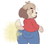 2017 animal_crossing anthro big_butt blue_bottomwear blue_clothing blue_jeans blue_pants bottomwear brown_body brown_ears brown_fart_cloud brown_fur brown_text butt canid canine canis clothed clothing denim denim_bottomwear denim_clothing digby_(animal_crossing) dipstick_tail domestic_dog drawful-s fart fart_cloud fart_fetish floppy_ears fully_clothed fur furgonomics hi_res jeans looking_at_viewer looking_back looking_back_at_viewer male mammal markings necktie nintendo pants red_clothing red_shirt red_topwear shih_tzu shirt simple_background solo sound_effects tail tail_markings text thick_thighs tight_bottomwear tight_clothing tight_jeans tight_pants topwear toy_dog vowelless vowelless_sound_effect white_background yellow_necktie