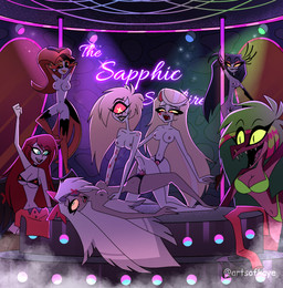 1_eye abdominal_bulge anthro big_breasts bikini blonde_hair blush blush_lines bodily_fluids breasts brown_hair clothing eye_patch eyelashes eyeshadow eyewear fangs female female/female female_penetrated female_penetrating female_penetrating_female freckled_face freckled_shoulders freckles genital_fluids genitals green_eyes green_hair grey_body group hair long_eyelashes looking_pleasured makeup nipples nude open_mouth open_smile orange_hair penetration pole purple_body sex sex_toy smile strapon strapon_sex stripper_pole swimwear teeth thick_thighs toying_partner two-piece_swimsuit vaginal vaginal_fluids vaginal_penetration vulva white_hair artsofkaye hazbin_hotel hellaverse background_character charlie_morningstar cherri_bomb_(hazbin_hotel) gray_haired_sinner_(hazbin_hotel) missi_zilla vaggie_(hazbin_hotel) angel angel_humanoid cyclops demon demon_humanoid dinosaur fallen_angel fish human humanoid mammal marine prehistoric_species reptile scalie hi_res