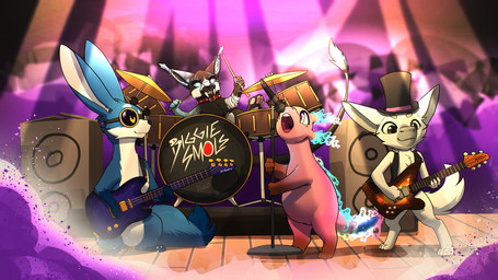 anthro band bass_guitar black_body black_fur blue_body blue_fur brown_eyes drum drum_set electric_guitar electronics fur grey_body grey_fur guitar microphone musical_instrument percussion_instrument pink_body pink_eyes plucked_string_instrument quadruped rock_band singing string_instrument white_body white_fur yellow_eyes feretta ambient_among_us bright-eyes lyunadarsi_(character) amphibian aquatic axolotl canid canine felid feline fox hadanin hybrid mammal mole_salamander salamander 16:9 2026 hi_res widescreen