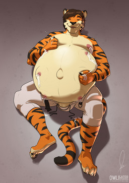 anthro bodily_fluids clothed clothing eyebrows genitals hyper hyper_pregnancy lactating looking_pleasured male male_lactation milk multi_nipple navel nipples outie outie_navel penis pregnant pregnant_male solo stripes tail teeth tongue topless vein owligatorstudios kaydex felid mammal pantherine tiger 2023 hi_res