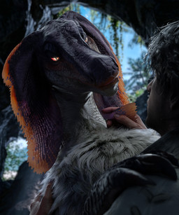 bedroom_eyes black_hair blurred_background caressing cave chest_tuft claws clothed clothing detailed_background duo eye_contact female female_on_top feral feral_on_top fluffy fluffy_chest frill_(anatomy) fur glowing glowing_eyes hair half-closed_eyes hand_on_shoulder human_on_bottom larger_female larger_feral long_snout looking_at_another low-angle_view male male_on_bottom narrowed_eyes on_bottom on_top orange_body outside pinned plant pupils purple_body red_eyes rock scales seductive size_difference sky slit_pupils smaller_human smaller_male snout suggestive tan_body tan_fur tuft ivorylagiacrus capcom monster_hunter bird_wyvern human jaggia mammal monster scalie 3d_(artwork) 5:6 absurd_res blender_(artwork) blender_cycles_(artwork) digital_media_(artwork) hi_res