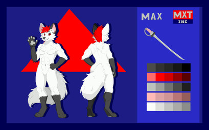 anthro athletic blue_border border ceremonial_sword company_name hand_on_hip male maxtech_inc melee_weapon solo sword weapon anonymous_artist maxwell_rodriguez canid canine canis mammal wolf model_sheet