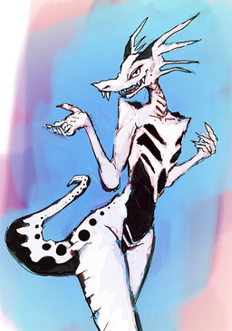 5_fingers abstract_background ambiguous_gender anthro black_body black_scales evil_grin fingers frill_(anatomy) grin horn long_tail looking_at_viewer markings open_mouth scales simple_background smile solo spikes spikes_(anatomy) spots spotted_markings striped_markings stripes tail teeth white_body white_scales bittertooth mythology dragon lizard mythological_creature mythological_scalie reptile scalie wingless_dragon 2015