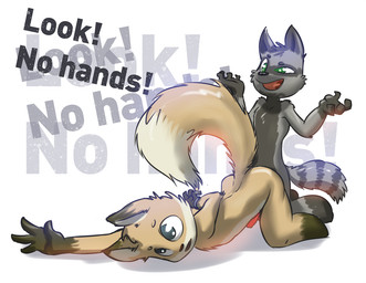 anthro ass_up duo erection genitals lying male male/male nude on_front on_ground penis smile taunting text ratcha canid canine fox mammal procyonid raccoon digital_media_(artwork) shaded sketch